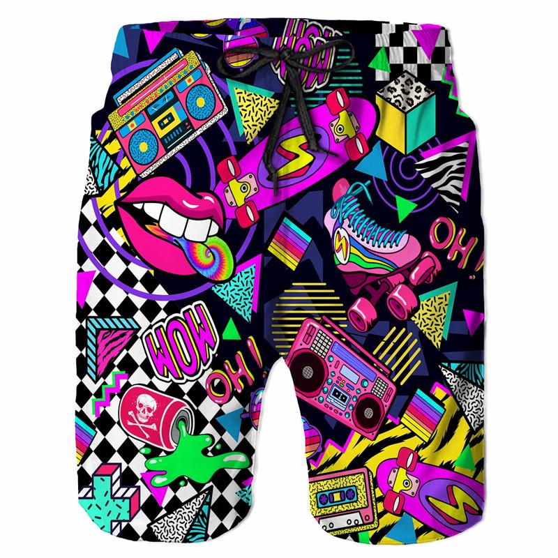 Cartoon Music Colorful Graffiti Beach Shorts Men 3d Print Swim Trunks Summer Surf Board Shorts 80s 90s Street Short Pants S