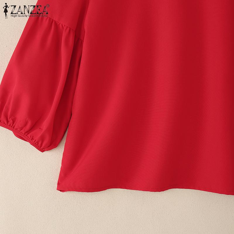 ZANZEA Women Summer Round Neck Loose 3/4 Sleeve Plain Blouse