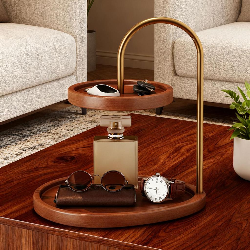 Decorative Wooden Jewelry Organizer 2 Tier Necklace Display Stand for Bathroom Countertop and Drawer Storage