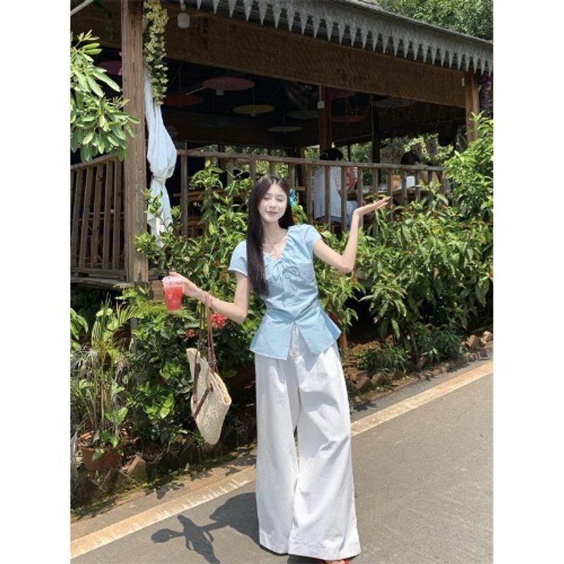 Kumikumi Sweet Style Set Blue Pleat Short sleeve Shirts Women Summer High Waist Slimming Wide Leg Pants Two-piece Set