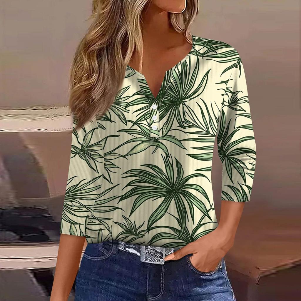 Dámské tričko tričko potisk knoflík 3/4 rukáv tunika denní víkendová móda základní výstřih do V běžný top