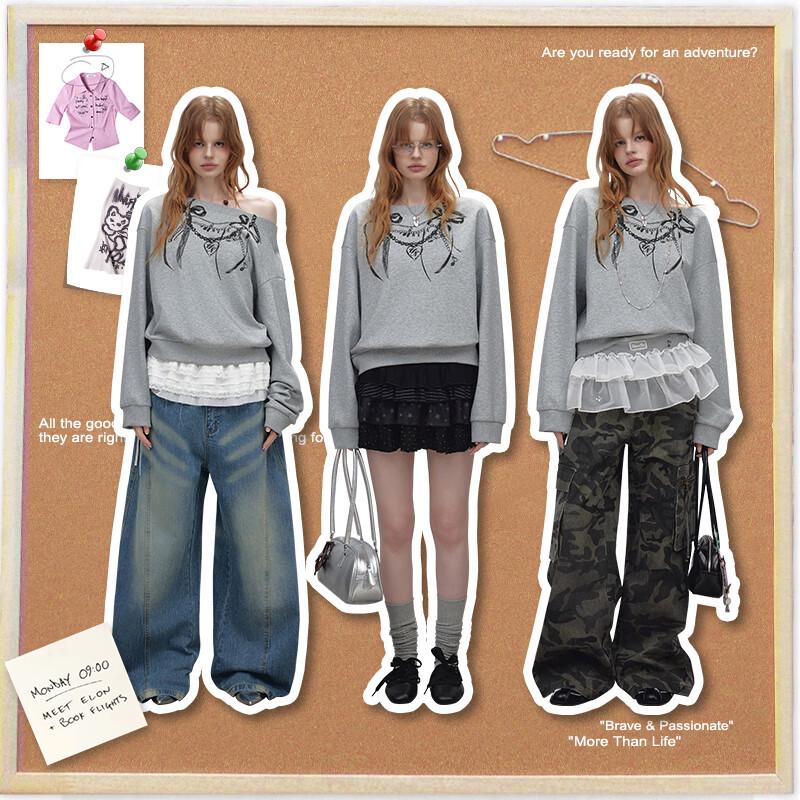 UNIFREE Sweet Cool Print Chain Slanted Collar Loose Hoodie