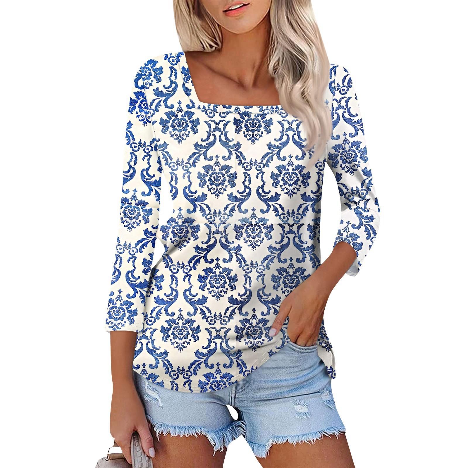 

Рубашка для женщин, модная повседневная свободная футболка с квадратным вырезом и рукавами 3/4, женский топ S синий