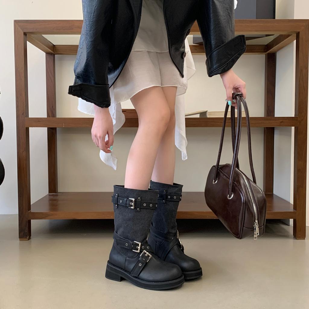 Western cowboy boots women's new summer khaki retro belt buckle thick heel medium tube boots stacked short boots