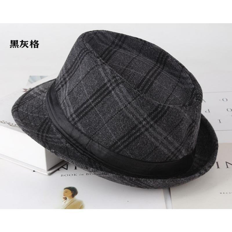 Autumn and winter men's top hat, Frannie plaid fabric warm middle-aged and elderly jazz hat casual top hat men's hat
