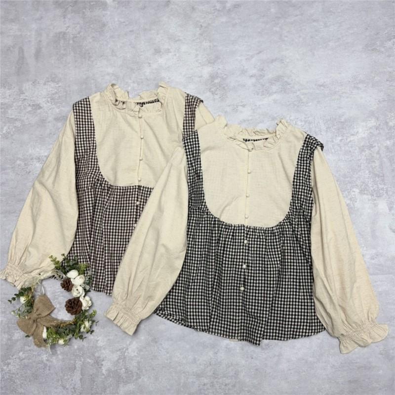 Johnature Japanese Fungus Trim Collar Plaid Shirt Casual Vintage Long Sleeve Stitched Retro Loose Shirt Women