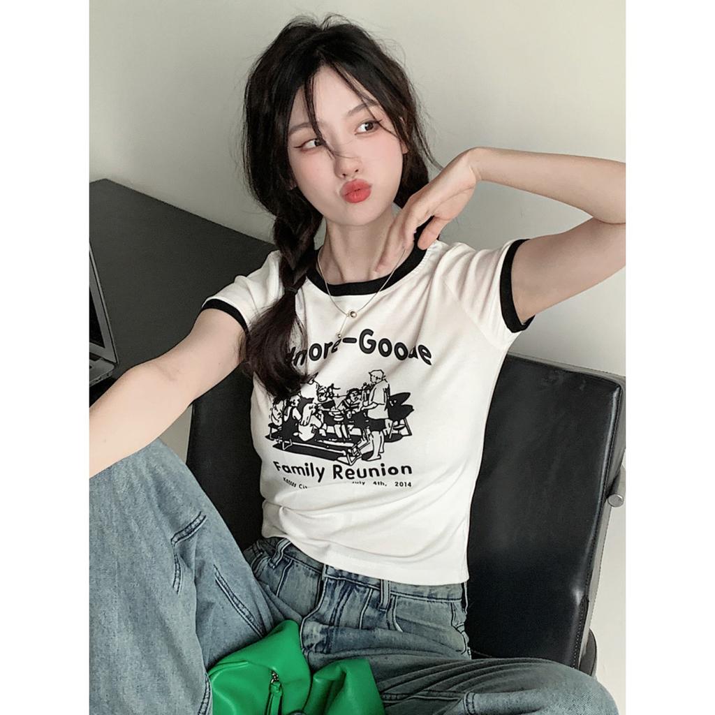 Women's Crew Neck Short Sleeve Slim Fit Letter Print Cropped Tee Casual Top