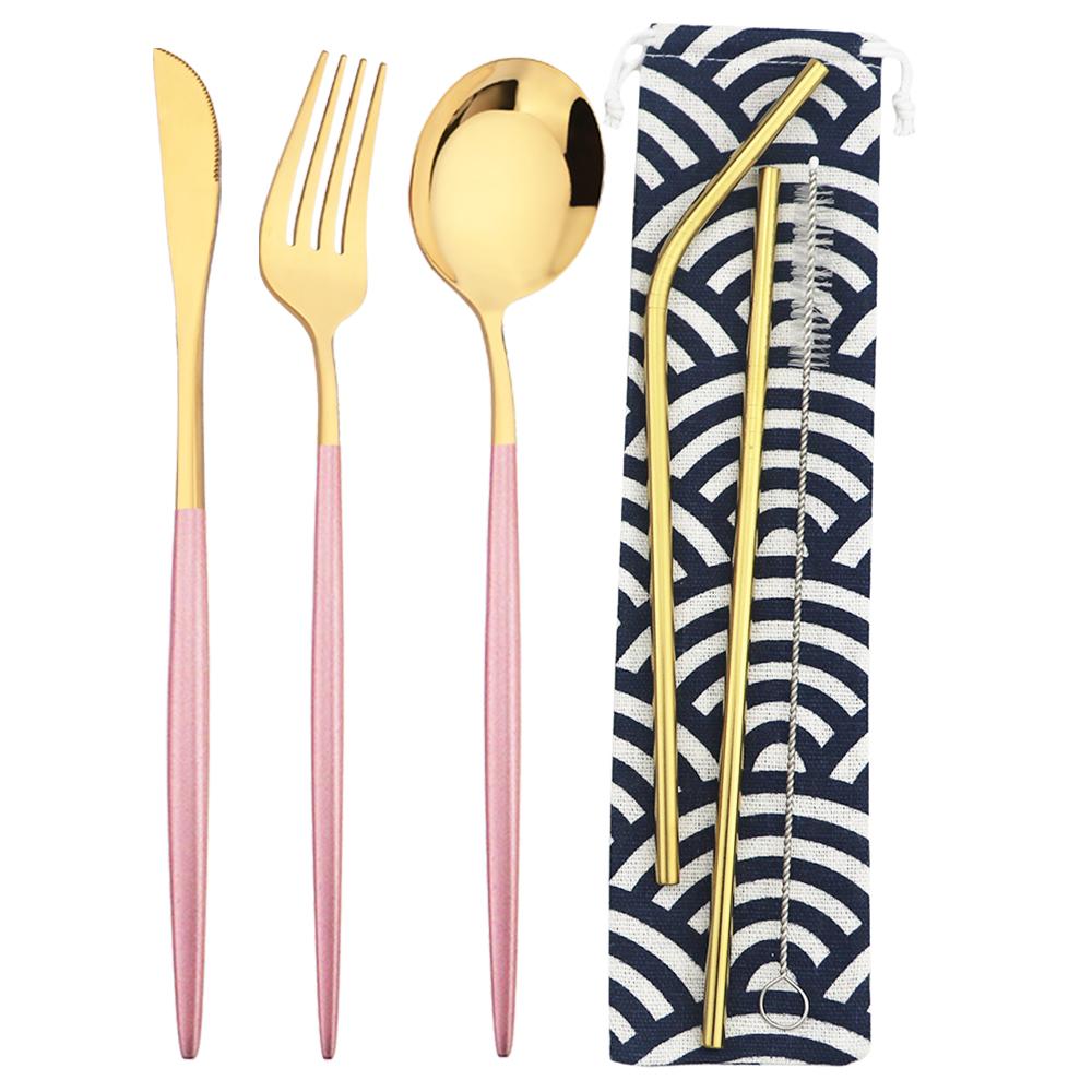 6Pcs Travel Camping Cutlery Set Travel Flatware Set Knife Fork Spoon Straw With Portable Bag Stainless Steel Tableware Set