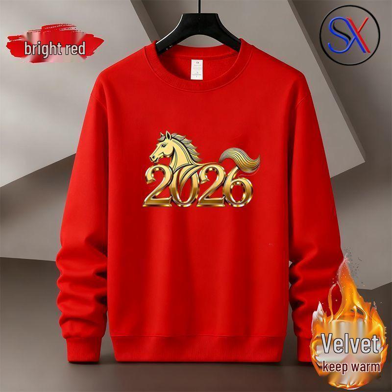 

2026 Year of the Horse Men s Red Hoodie - Autumn/Winter Round Neck, New Year s Couple s Long Sleeve Plus Velvet Clothing Trend. L: 100-120 jin