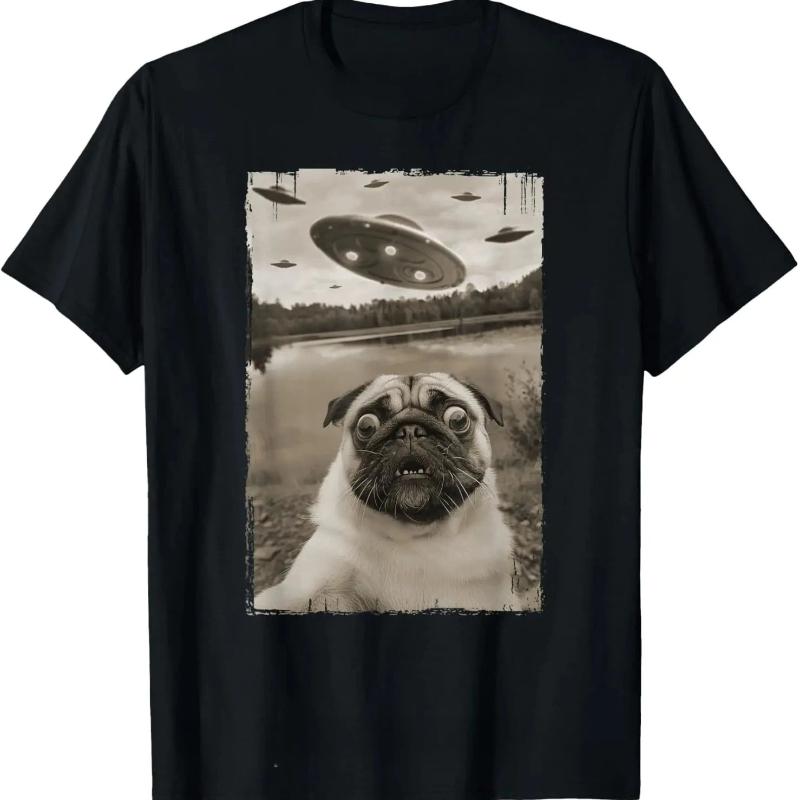 Retro Pug UFO Fun Pattern T-shirt, Humorous Street Style Short Sleeve Women Clothing Fashion Graphic T Shirts Summer Streetwear