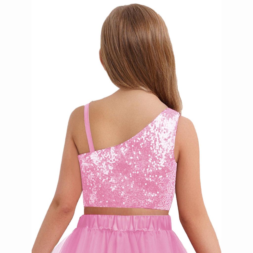 Mädchen Unifarben Spaghettiträger Ärmellos Schulterfrei Glitzernd Pailletten Oberteile Bankett Hochzeit Feier Oberteil