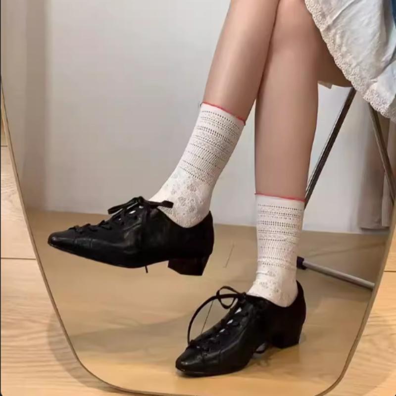 Fashion Black British Style Leather Shoes Women Retro Lace Up Mid Heel Pumps Comfortable Elegant Commuter Office Shoes Zapatos De Mujer