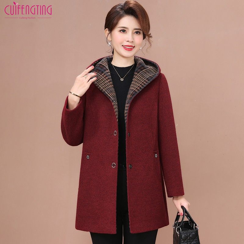 

Ladieswear Autumn and Winter Woolen Coat Extra Large Tops Fashion Middle-Aged and Elderly Women s Winter Clothes Stripes Woolen Overcoat Thick Red 3XL(About 67.50 kg-72.50 kg])