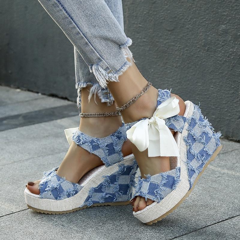

European and American slope heel platform sandals women s spring and summer 2025 new fish mouth open-toed bow Roman sandals 42 синій