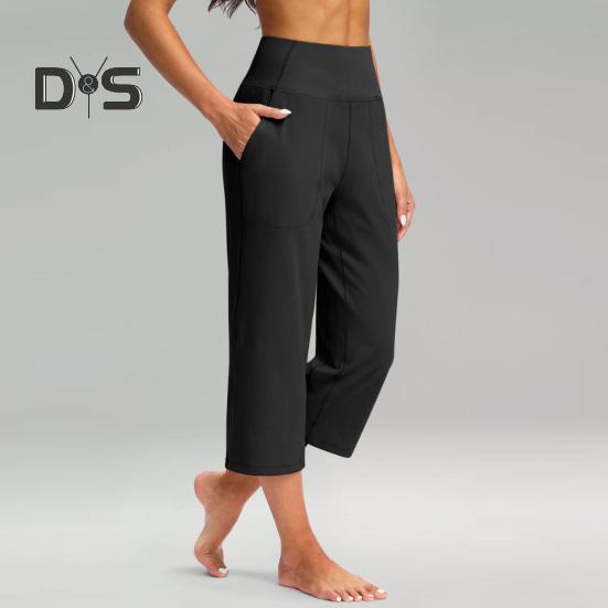 Pantaloni de Yoga pentru Femei Elastici cu Talie Înaltă, cu Picior Larg, Pantaloni Crop cu Buzunare, Pantaloni Stil Sportiv Casual