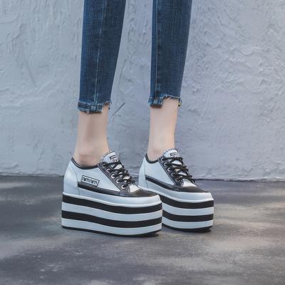 Fashion Inner Increase Women's Shoes Spring and Autumn New Leather High Heel Platform Shoes Thick Sole White Women's Casual Single Shoes