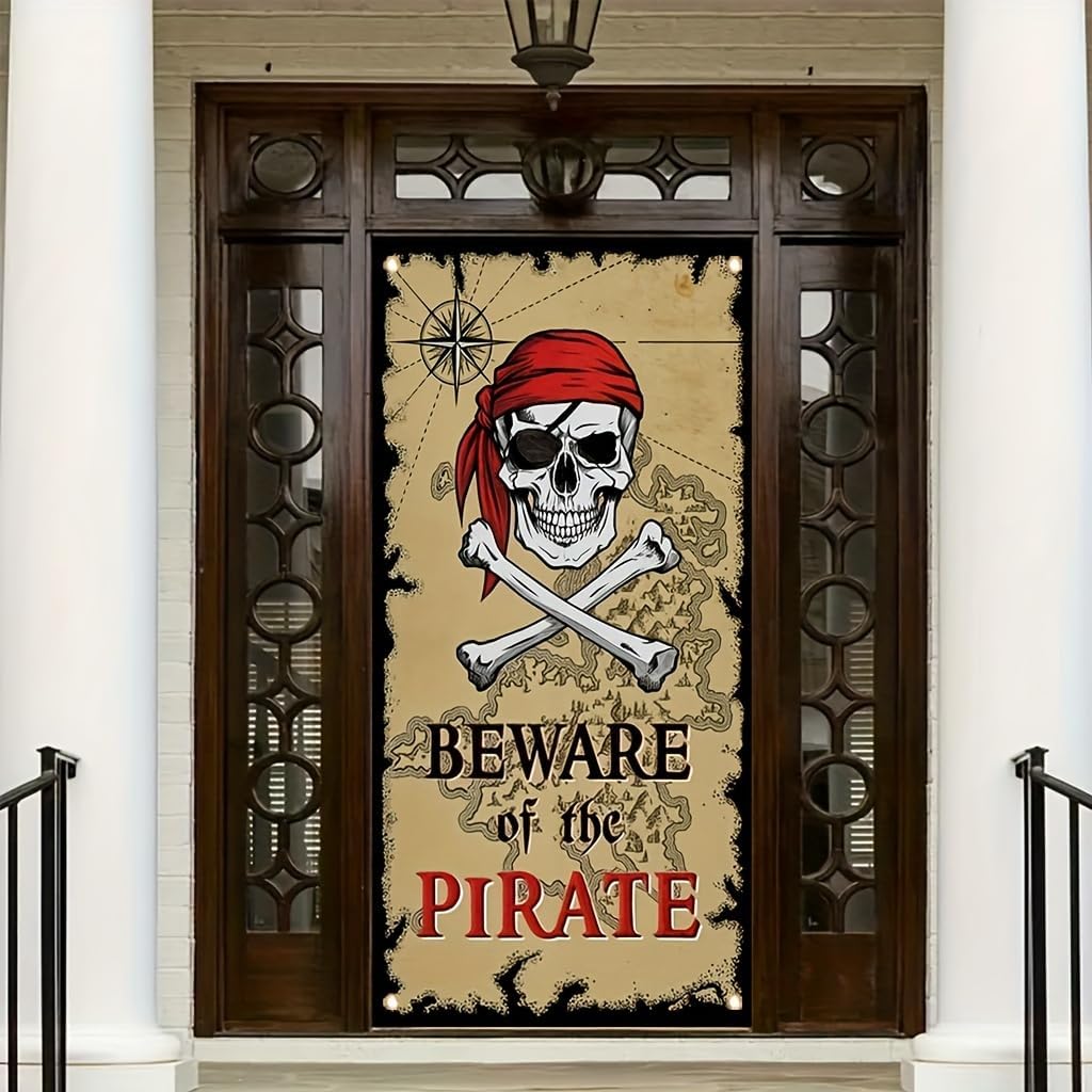 Pirate Door Cover Banner Beware of the Pirate 71x35 Inch Party Door Sign for Front Door Skull Map Design Door Cover for Halloween Theme Party Outdoor