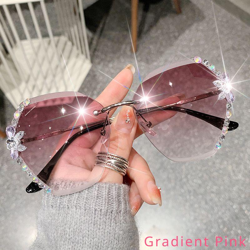 Ochelari de soare anti-UV fără ramă pentru femei, cu incrustații de diamante