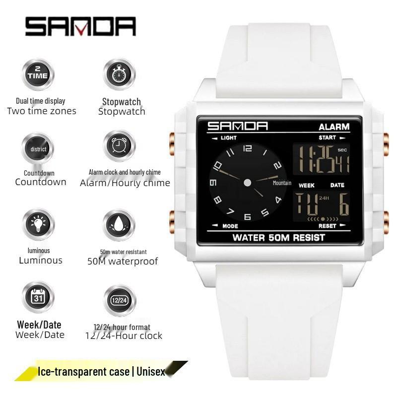 Sanda Transparent Electronic Square Watch with Large Dial for Students - Multifunctional Countdown Sports Wristwatch