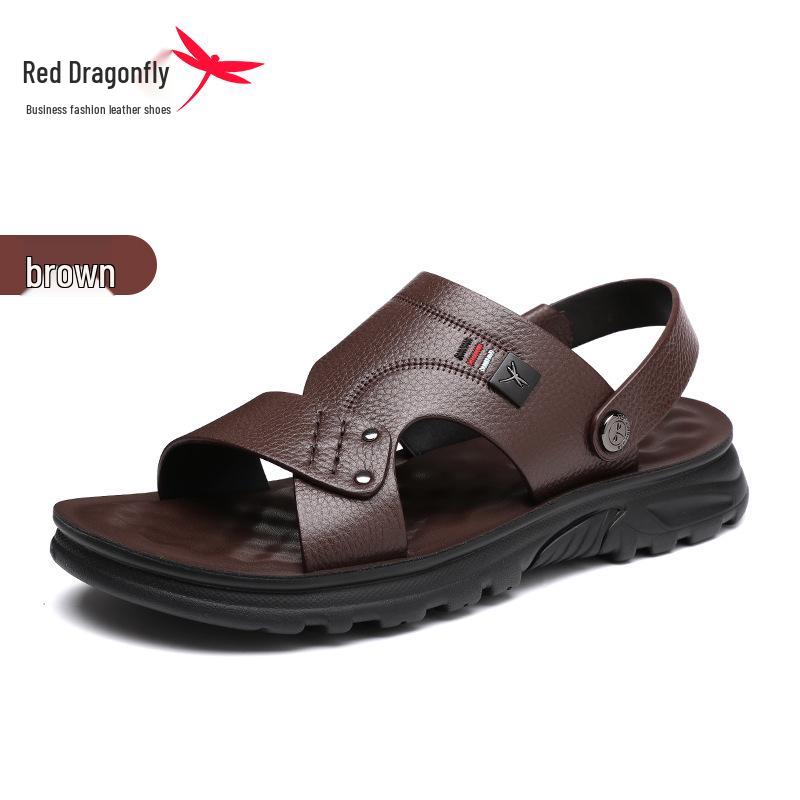 Men s Genuine Leather Red Dragonfly Summer Sandals - Cowhide Dad s Driving Slippers and Beach Shoes. 40