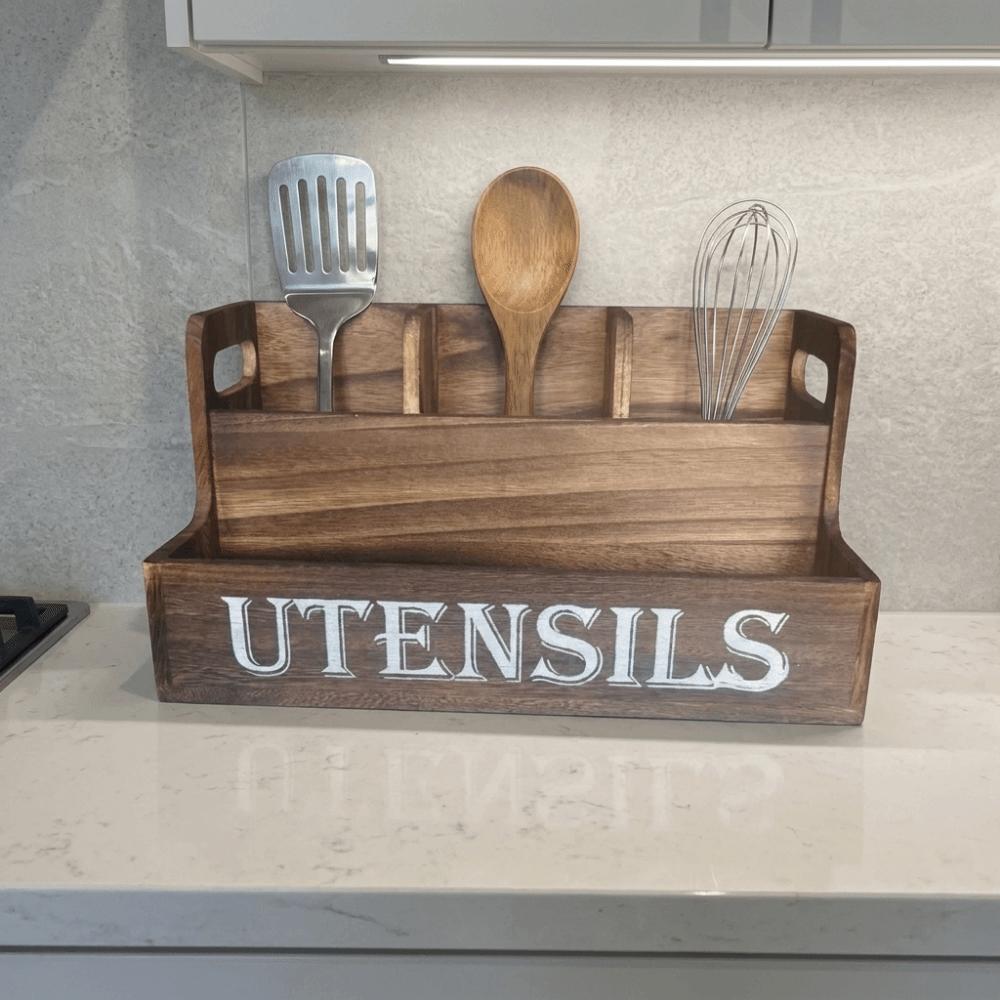 Wooden Spoon Fork Storage Box Space Saving Tableware Storage Rack Silverware Holder Living Room