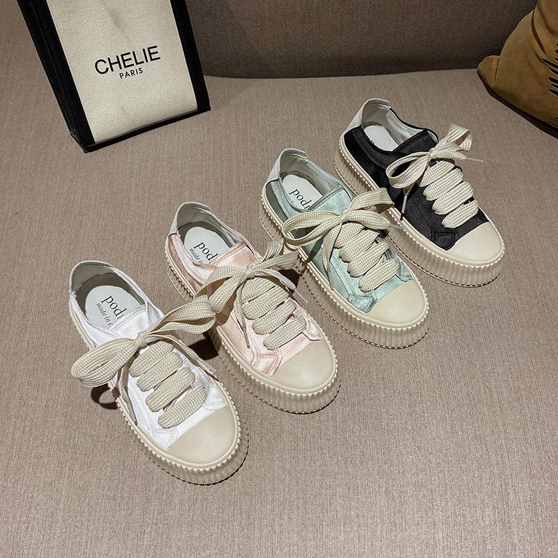Sheepskin Version of Spanish Satin Canvas Shoes Women's Platform Heightening Casual Versatile Lace-up White Shoes Student Muffin Shoes