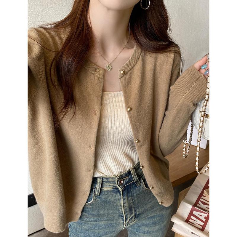Autumn Fashion Solid O-neck Knitted Cardigan For Women Winter Long Sleeve Casual Cardigans Sweater Coats Ladies Slim Fit Vintage Kniwears Jacket 31063