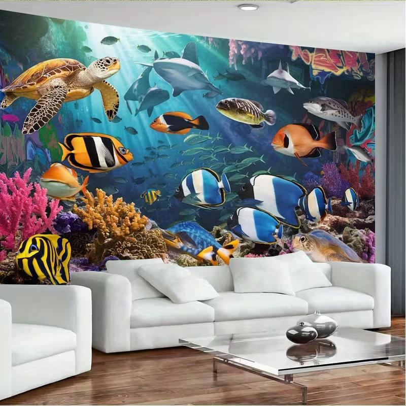 2D Aquarium Style Tapestry, Underwater World with Sea Turtle, Shark and Coral Reef Wall Art