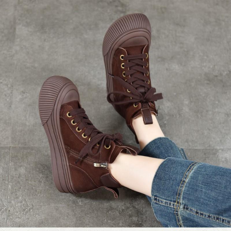 Johnature Versatile Plush Warm Short Boots Genuine Leather Round Toe Casual Women's Flat Platform Shoes