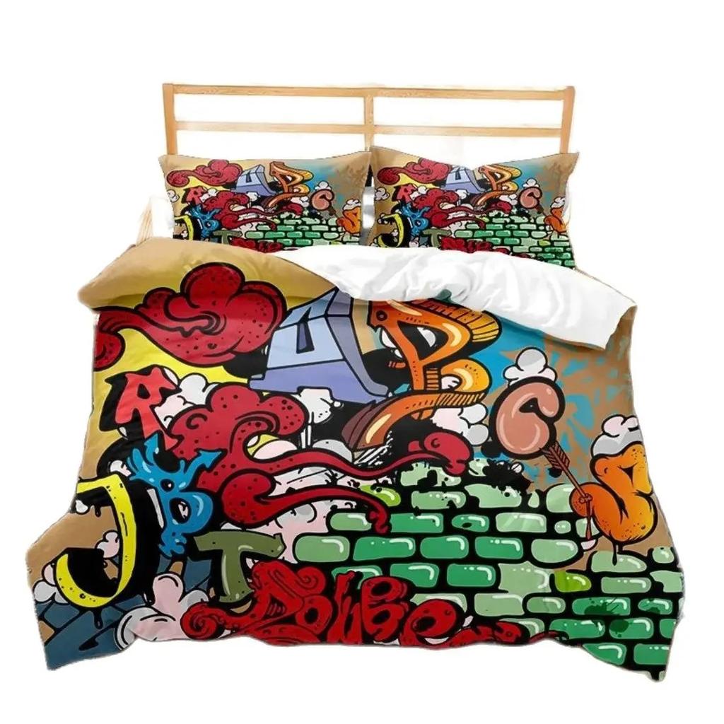 Hippie Graffiti Bedding Set Teens Adults Hip Hop Duvet Cover Set King Queen Size Youth Comforter Cover Modern Street Art Cover