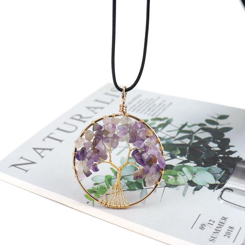 Color-Preserving Gold Hand-Wrapped Natural Crystal Gravel Tree Of Life Necklace Fortune Tree Necklace N47