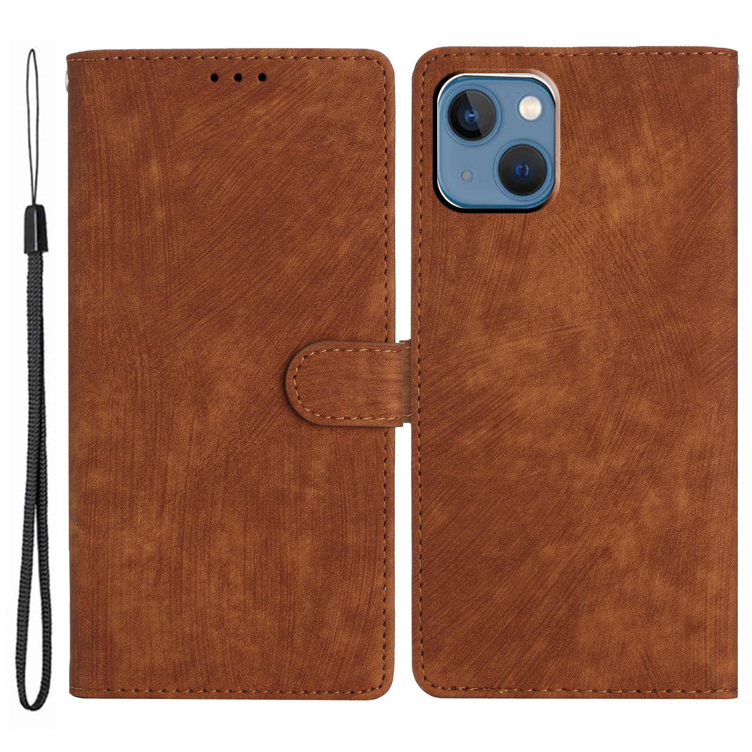 

Wallet Shell for iPhone 14 Solid Color Skin-touch PU Leather Anti-collision Stand Phone Case Brown