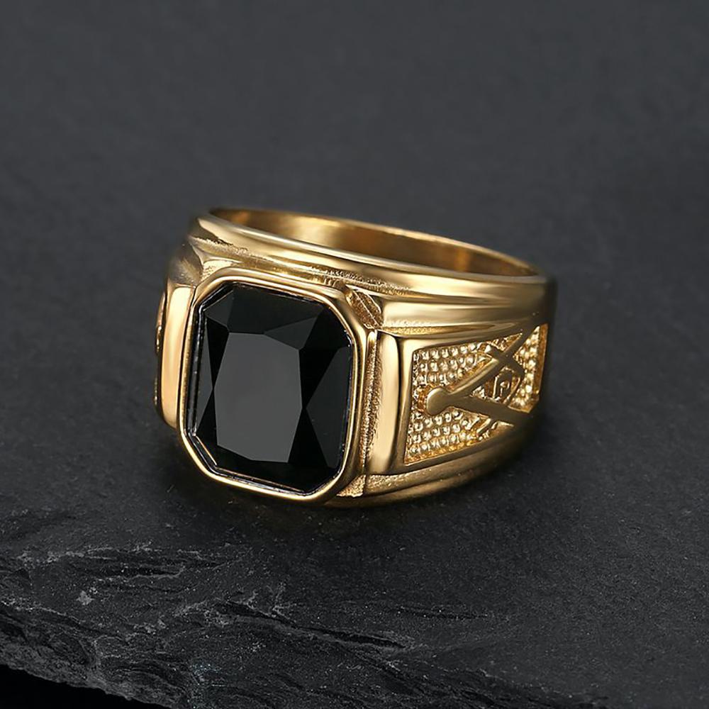 Fashion Vintage Freemason AG Rings for Men Women Hip Hop Punk Rock Gold Color Black Stone Square Ring Wedding Classic Jewelry