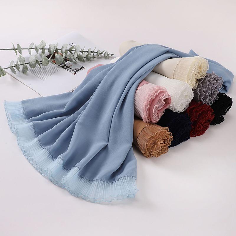 Fashion Muslim Modal Hijab Chiffon Shawls for Women Plain Soft Hijab Scarf Big Lace Trim Headscarf Islamic Turban Headband