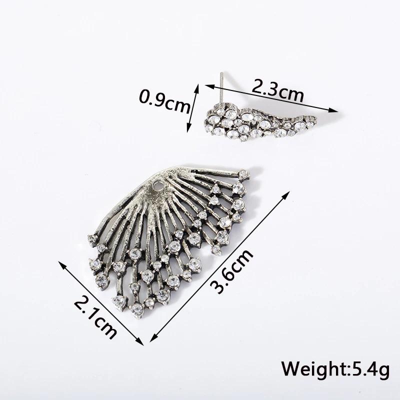 Wedding Jewelry 2 In 1 Antique Silver Color Crystal Women Stud Earrings Hollow Wings Hiphop Ear Accessories Bohemian Asymmetrical Female Earrings