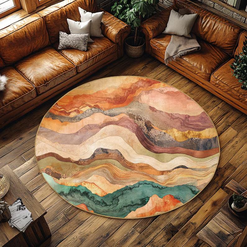 Abstract Watercolor Mountain Round Rug Non
