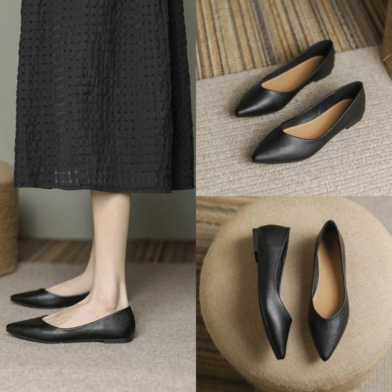 

2025 новые кожаные балетки с острым носком женские туфли мягкая кожа мягкая подошва одинарные туфли не устают ноги профессиональные черные рабочие туфли 38
