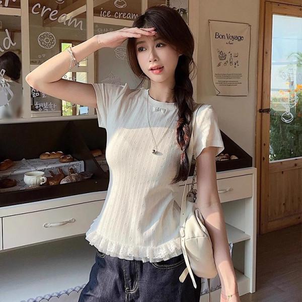 

Women s Slim Fit Korean Style Ruffle Lace Patchwork Knitted T-Shirt Medium [Premium Edition] белый