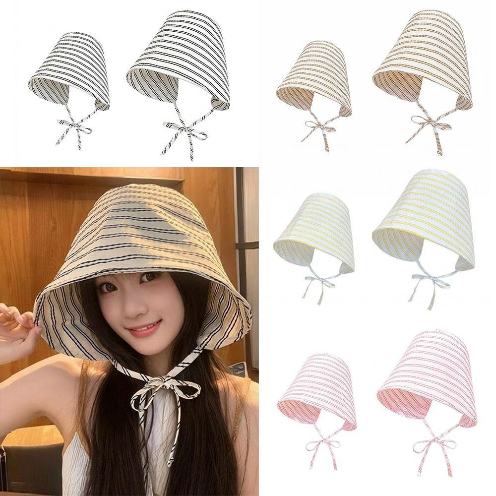 Fashionable Striped Fisherman Hat UV Resistant Large Brim Bucket Hat Sun Shading Foldable Basin Hat Girl