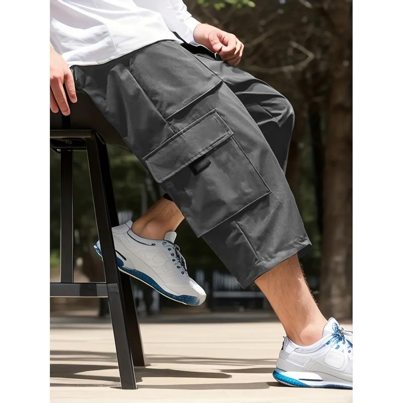 Grote Mannen Zwarte Cargo Shorts Elastische Taille Trekkoord 3/4 Lengte Broek