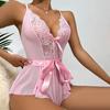 Women Bedroom Bodysuit V Neck See-through Lace Patchwork Bow Ruffle Playsuit Off Shoulder Backless Adjustable Spaghetti Strap Nightdress for