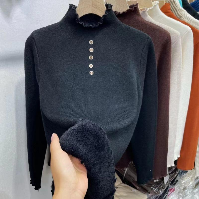 Fungus lace collar fleece thickened knitted bottoming shirt women's autumn and winter new fashion integrated fleece pullover sweater