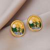 French Court Style Colored Enamel Glaze Double-layer Flower Stud Earrings Retro Pearl Design Earrings Monet Garden Decoration