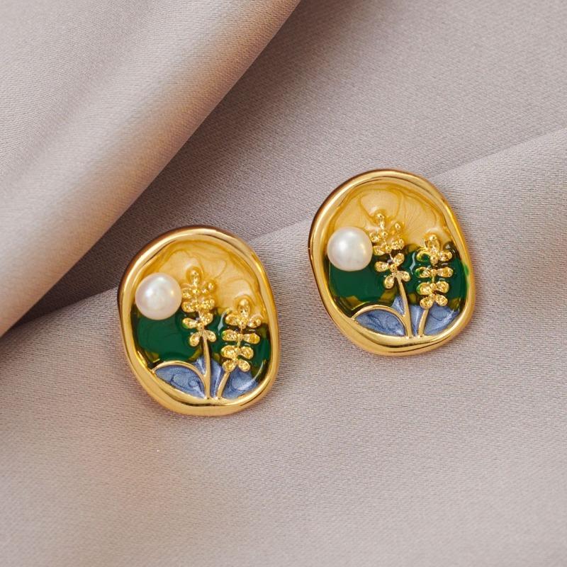 French Court Style Colored Enamel Glaze Double-layer Flower Stud Earrings Retro Pearl Design Earrings Monet Garden Decoration