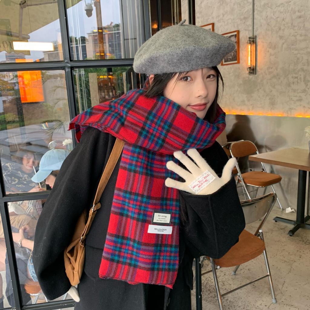 Korean Version Ins Soft Waxy Imitation Cashmere Green Plaid Scarf for Women Winter Color Matching Versatile Warm Student Knitted Scarf