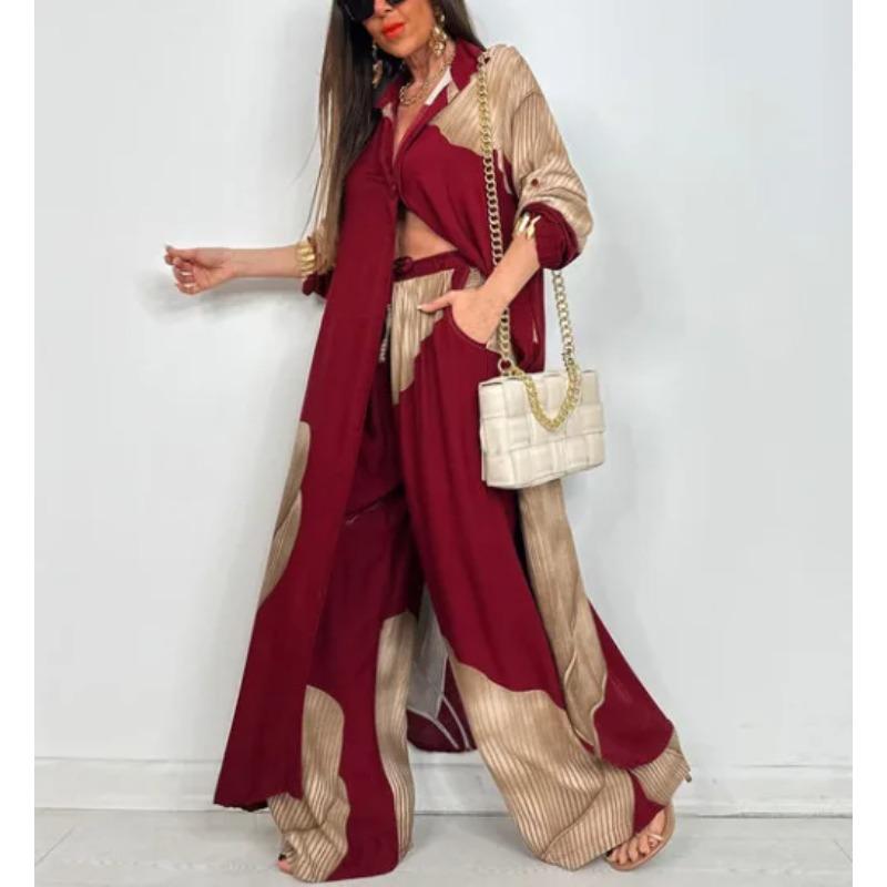 Set Elegante Primavera Estate Moda Stampata Camicia Lunga Pantaloni a Gamba Larga Completo Casual Lento Oversize Set Donna