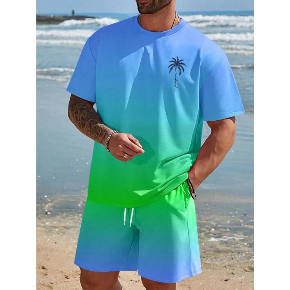 Herren Kurzarm Set Farbverlauf Print T-Shirts Shorts mit Kordelzug Urlaubsstrand Kurzarm Oberteil Shorts Zweiteiliges Set