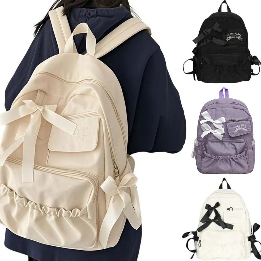College Style Bow Backpack Large Capacity Canvas Shoulders Bag Cute Students School Bag School