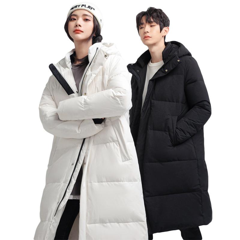Fashion solid color large pocket casual mid-length hooded down jacket for men and women, winter white duck down warm