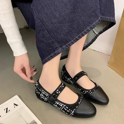 Mode 2024 Marke Karomuster Tweed Mary Jane Ballerinas für Damen Wildleder Quadratische Zehenpartie Flache Ballerinas Damen Bequeme Weiche Schuhe